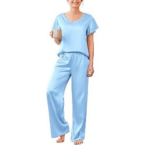Ekouaer Women's Satin Silky Pajama Set 2 Piece Short Sleeve Shirt with Long Pants Pjs Sets Soft PJ Loungewear - 1 of 4