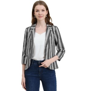 Allegra K Women's Striped 3/4 Sleeves Open Front Casual Notched Lapel Blazer - 1 of 4
