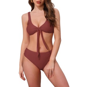 INSPIRE CHIC Women's Lace Up Decoration Push Up Bikini Sets, Wide Strap Top Triangle Bottom Swimwear Bathing Suits 1 Set - 1 of 4