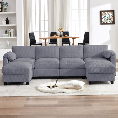 HYLEORY Corduroy Modular Sectional Sofa with Double Movable Ottomans, U-Shape Upholstered Comfy Couch with Two-Layer Seat Cushion for Living Room