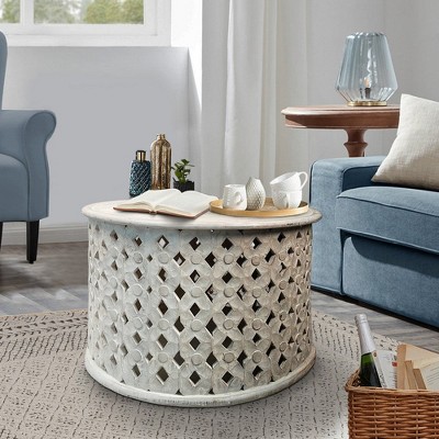 Royal Hampton 28" Artisanal Round Mango Wood Coffee Table, Intricate Diamond Lattice Cut Out Frame