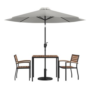 Merrick Lane Five Piece Faux Teak Patio Dining Set Includes Table, Two Club Chairs, 9' Patio Umbrella and Base - 1 of 4
