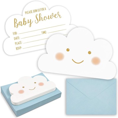 36-Pack Happy World Cloud Party Invitations with Blue Envelopes, Cute White Fill-in Invitation Cards for Baby Shower, 5x7 inches