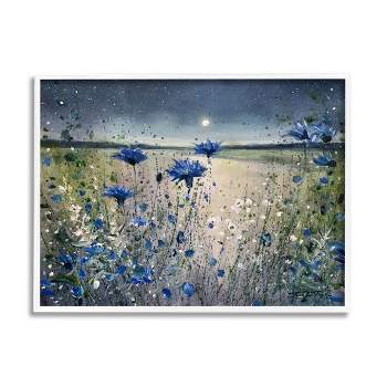 Stupell Industries Blooming Blue Flowers Night Moon Framed Giclee Art