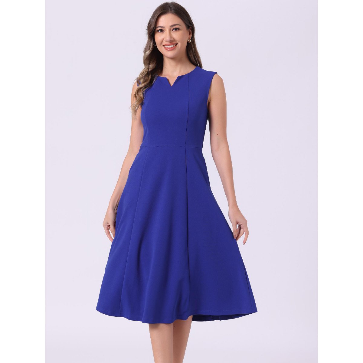 Женские платья INSPIRE CHIC Women's Notch V Neck Elegant Work Office A-Line Dress with Pockets Royal Blue X-Small — фото 2