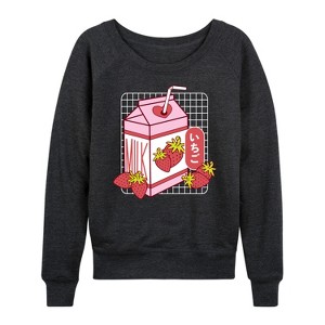 Women's - Instant Message - Strawberry Milk Lightweight French Terry Wide Neck Long Sleeve Graphic Shirt - 1 of 4