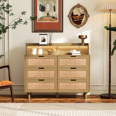43.31"6-Drawers Rattan Storage Cabinet Rattan Drawer with LED Lights and Power Outlet