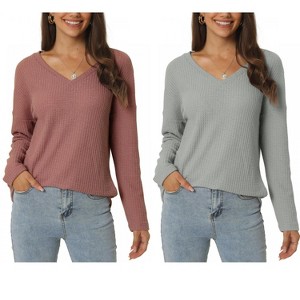 INSPIRE CHIC Women's V Neck Waffle Knit Long Sleeve Casual Tunic Blouses 2 Packs - 1 of 4