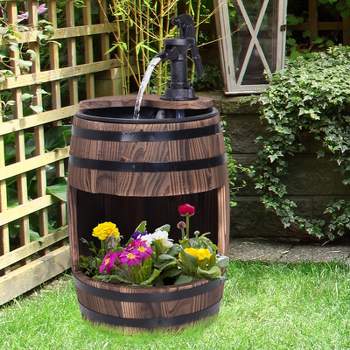 Outsunny 2-Tier Wooden Water Pump Fountain for Fun Garden Decor with Planting Flower Box Base