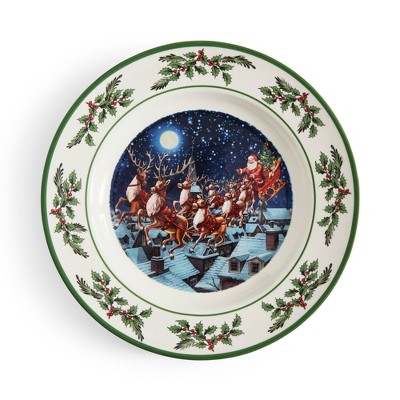 Spode Annual Collector Plate - 10" Porcelain Christmas Plate with Santa & Reindeer Scene, Holly Border - Microwave, Oven, Freezer, Dishwasher Safe