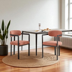 Modern Boucle Upholstered Dining Chairs Set of 2 with Curved Backrest and Sturdy Black Metal Legs for Kitchen, Dining Room, or Lounge Seating - 1 of 4