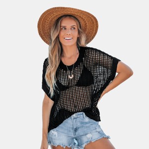 Women's Black Open Knit Short Sleeve Cover-Up Shirt - Cupshe - 1 of 4