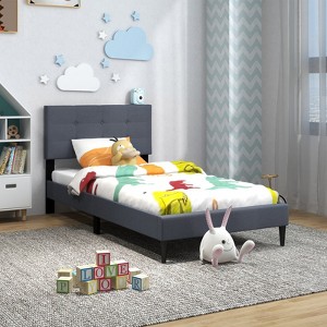 Infans Twin Upholstered Platform Bed Mattress Foundation Button Tufted Headboard Gray - 1 of 4