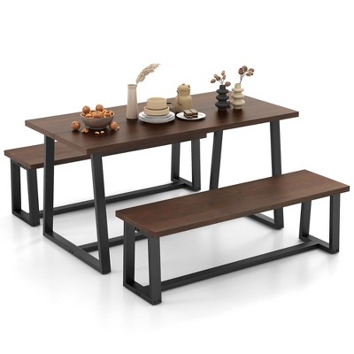 Tangkula 3 Pieces Dining Table Set 63" Large Table & 2 Long Benches for 4-6 People Coffee