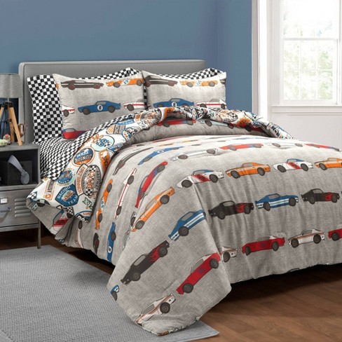 5pc Twin Race Cars Reversible Oversized with Printed Sheet Set Kids Comforter Blue Orange Lush D cor