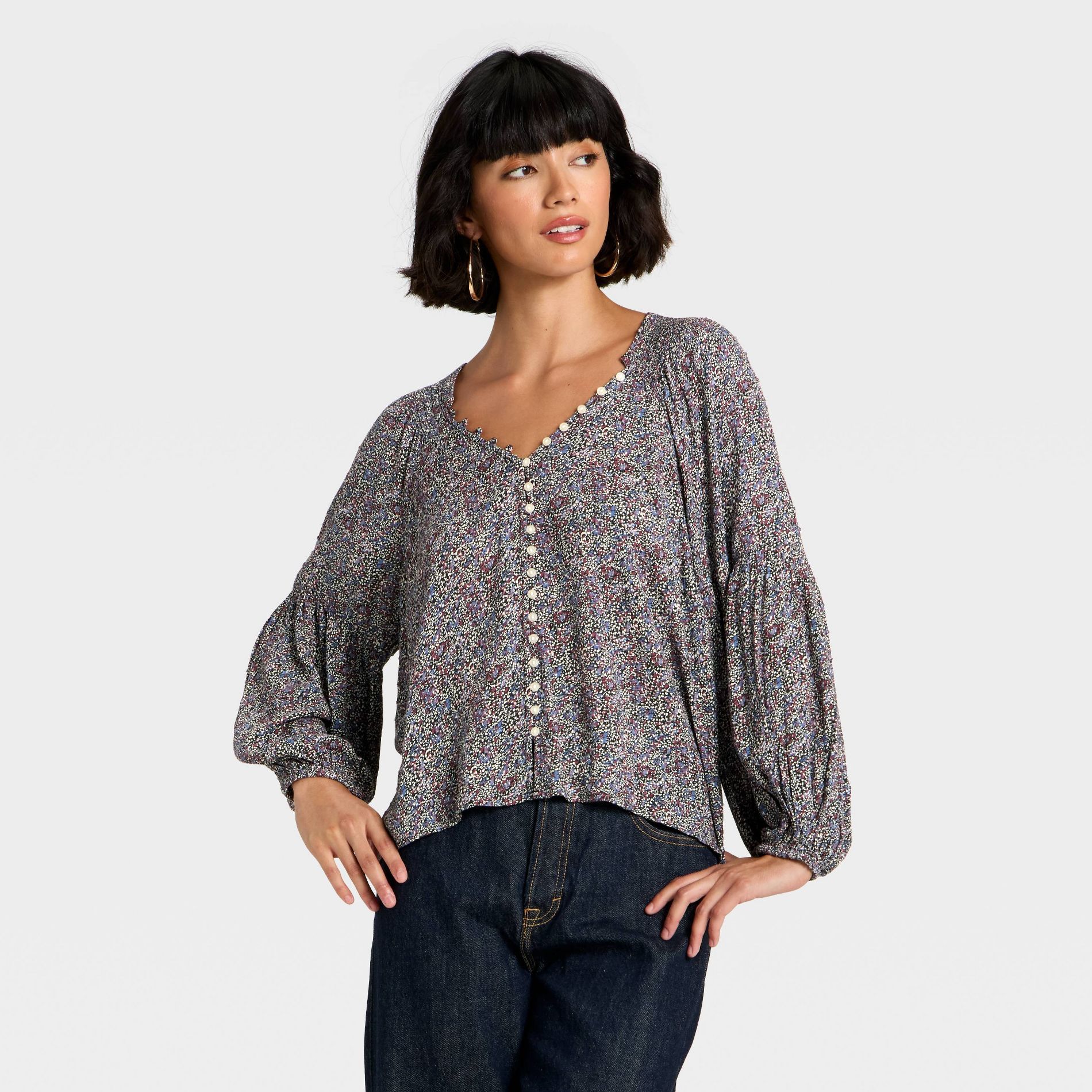 Women's Balloon Long Sleeve Button-Down Blouse - Universal Thread™ Navy Blue Abstract M