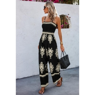 I AM A FASHION JUNKY Geo Print Off Shoulder High Waist Fit Jumpsuit