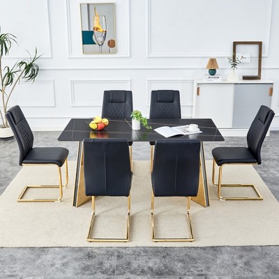 7-Piece Dining Set with Rectangular Table and 6 PU Armless Chairs