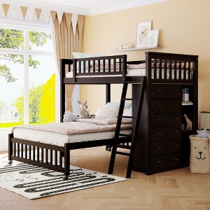 Twin over Full Bunk Bed with Bottom Bed with Wheels, 6 Storage Shelves & Adjustable Shelves - ModernLuxe - 1 of 4