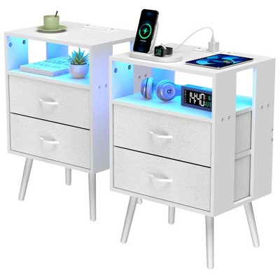 Dolonm Nightstand Set of 2,Nightstand with Power Outlet & USB Ports, Bedside Table with 3 Fabric Drawer & LED Light,for Bedroom