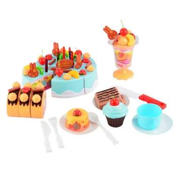 Insten 75 Piece Toy Birthday Fruit Decorate Cake, Pretend Desserts Play Food Playset, Blue