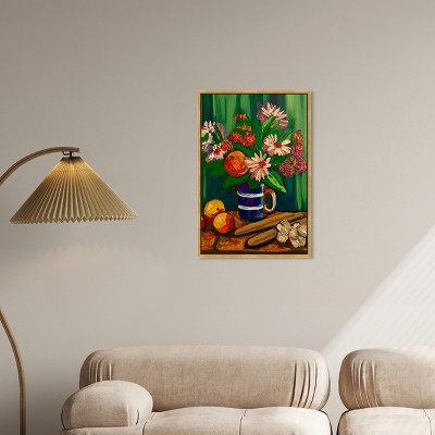 Vibrant Floral and Fruits Painting on Canvas with Gold Frame