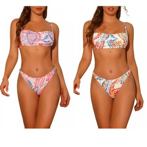 Elerevyo Women's Leaf Print Colorful Lace Up Adjustable Spaghetti Straps Bandeau Bathing Suit Swimsuit Bikini Sets 2 Sets - 1 of 4