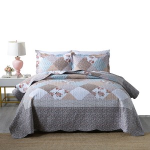 Marcielo 3 Piece Floral Quilt Set Bedspread Set - 1 of 4