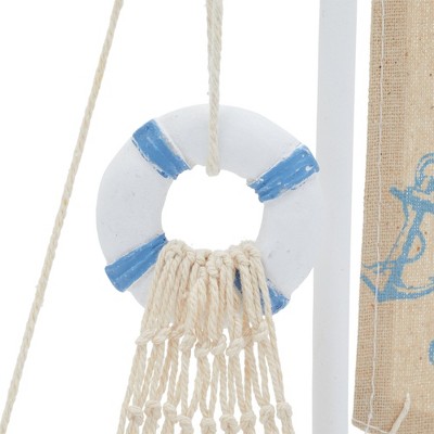 Nautical White and Blue Wooden Sailboat Figurine with Burlap Sail