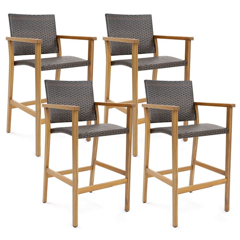 Tangkula Patio Rattan Bar Stool Set of 4 Outdoor PE Wicker Bar Chairs w/ Armrests & Sturdy Footrests, 1 of 11