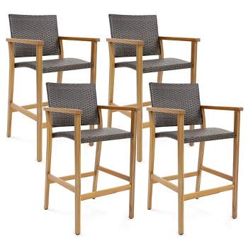 Tangkula Patio Rattan Bar Stool Set of 4 Outdoor PE Wicker Bar Chairs w/ Armrests & Sturdy Footrests