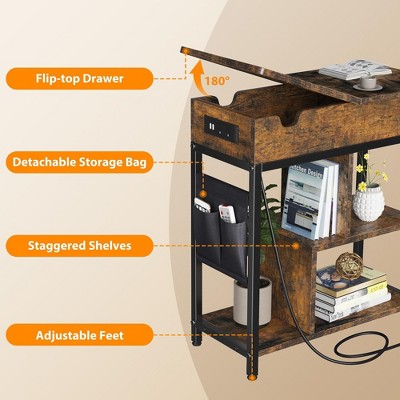Rustic Brown Particle Board End Table with Charging Station and Storage