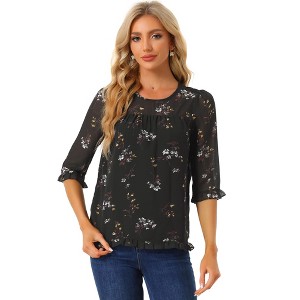 INSPIRE CHIC Women's Round Neck Ruffle 3/4 Sleeve Floral Print Chiffon Blouse - 1 of 4
