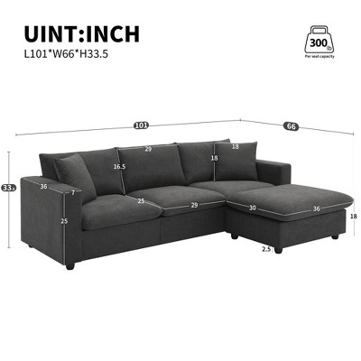 UPHA 4-Seat Sectional Sofa Polyester Fabric Couch Set with Convertible Ottoman for Living Room