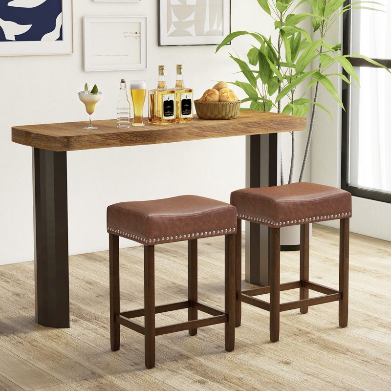 Costway 24" Upholstered Bar Stools Set of 2 with Footrests Rubberwood Frame Saddle-shaped Brown/Gray, 2 of 9