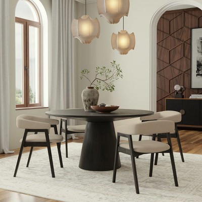 Black Rubberwood Low Arm Chair with Beige Upholstery, Set of 2