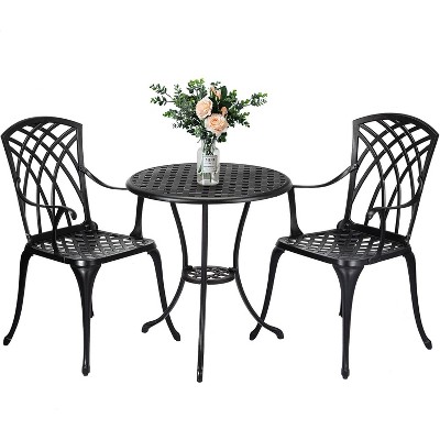 Cast Aluminum Patio Bistro Set with Umbrella Hole, 3 Pcs Outdoor Bistro Set Rust-Resistant, Patio Table and Chairs for Garden, Patio Balcony