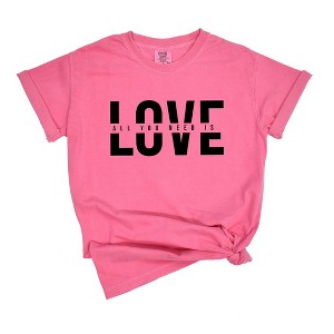 Simply Sage Market Women's Love Is All You Need Split Short Sleeve Garment Dyed Tee - 1 of 4