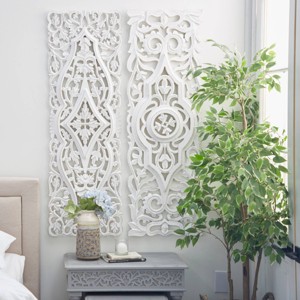Wood Floral Handmade Intricately Carved Arabesque Wall Decor Set of 2 White - Olivia & May: Coastal Cottage-Style, Vertical Orientation - 1 of 4