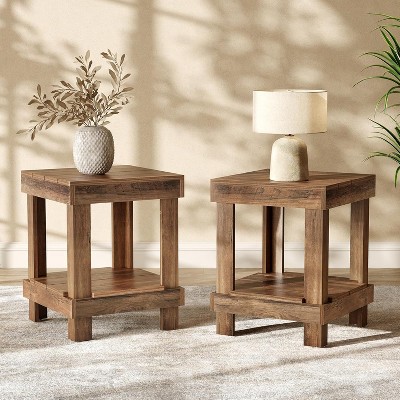 Lantine 2-Tier End Table, All Wooden Square Side Table with Storage Shelves, Small Bedside Table for Bedroom,  for Living Room
