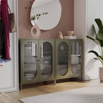 Olive Green Metal Accent Cabinet with Fluted Glass Doors