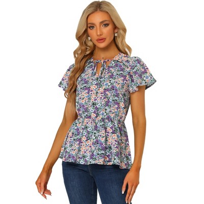 INSPIRE CHIC Women's Floral Print Smocked Flutter Sleeves Tie Collar Peplum Blouse