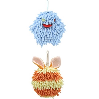 REGALWOVEN 2 Packs Fluffy Chenille Rabbit Shape Cute Soft Absorbent Hanging Ball Hand Towels 7" x 7"