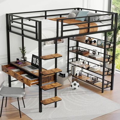 Whisen Full Size Metal Loft Bed with Desk and Shelves – Black