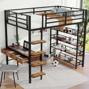 Whisen Black Metal Loft Bed with Desk and Shelves - 1 of 4
