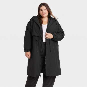 Women's Hooded Relaxed Fit Trench Rain Coat - A New Day™ Black 
