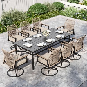 Captiva Designs 9pc Spacious Slat-top Rectangle Metal Table with Umbrella Hole & Beige Rattan Cushioned Chairs - 1 of 4
