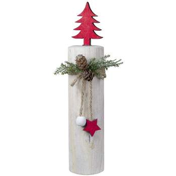 Northlight 10.75" Red Forest Tree On a Wooden Round Base With Pinecones Christmas Tabletop Decor