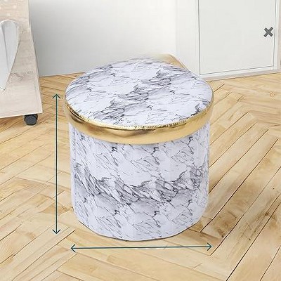 Marble White Round Storage Ottoman with Gold Lid