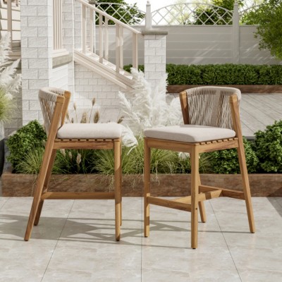 Set of 2 Outdoor Bar Stools with Cushions, Acacia Wood Frame & Curved Backrest, Patio Counter Height Chairs for Patio or Deck-Maison Boucle